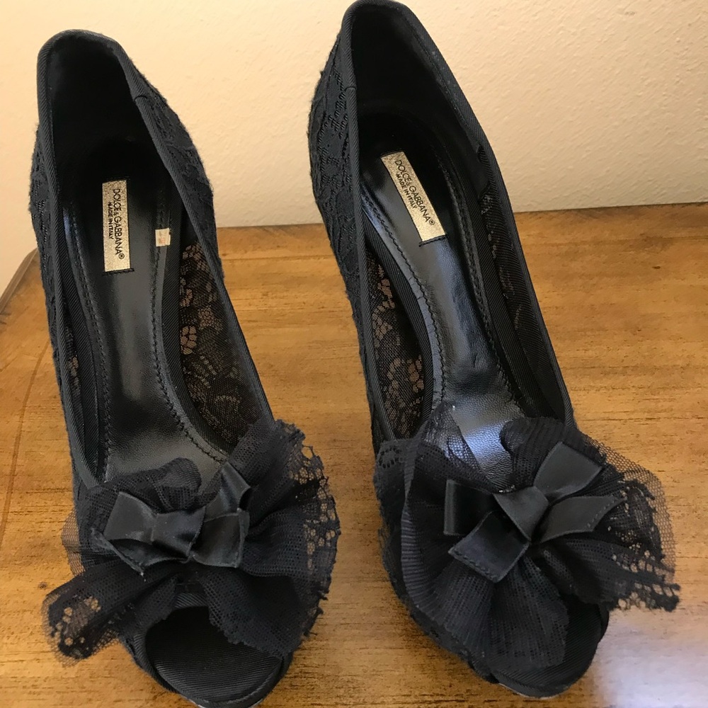 Dolce & Gabbana Black Lace Peep Toe Platform Pumps Black Size 9.5 (euro 40)